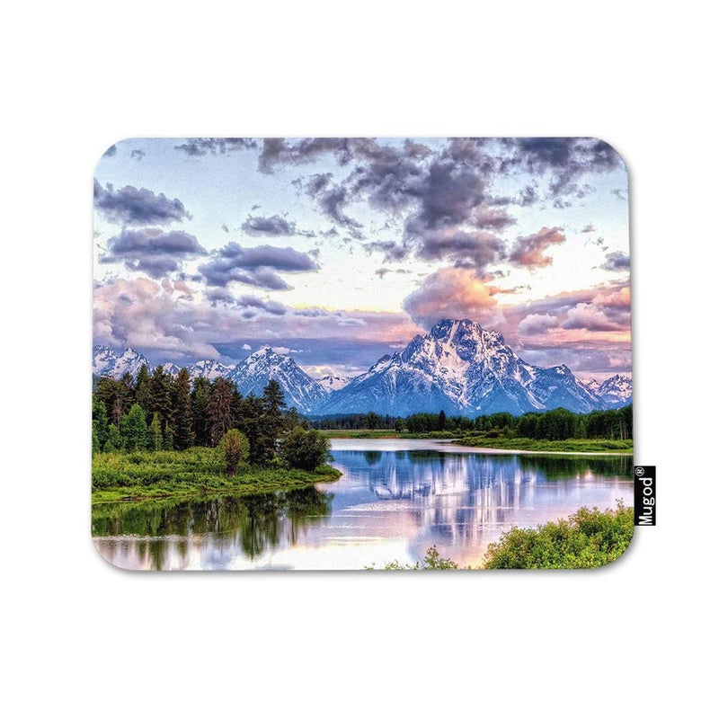 Mugod Mountain Nature Mouse Pad Grand Snowy Mountains Lake Tree Landscape Green Blue Mouse Mat Non-Slip Rubber Base Mousepad for Computer Laptop PC Gaming Working Office & Home 9.5x7.9 Inch - Image 1